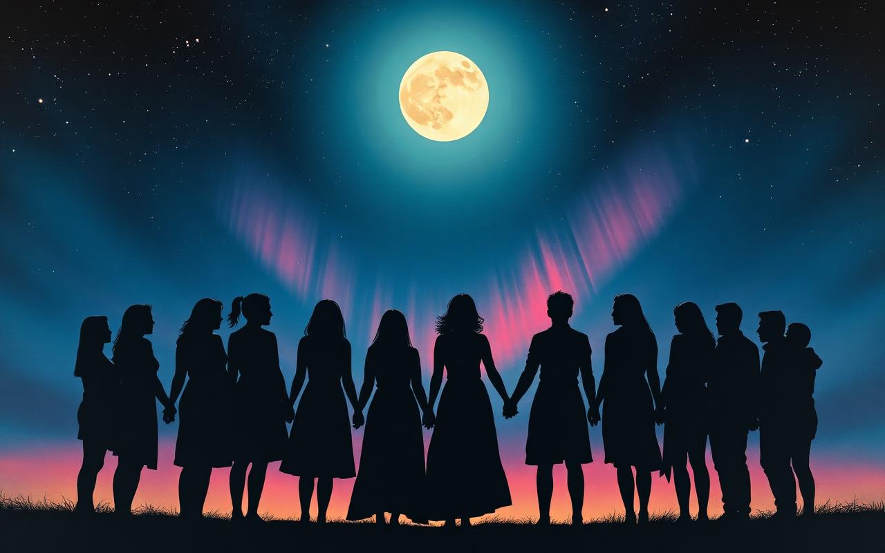 Silhouettes holding hands beneath a luminous moon